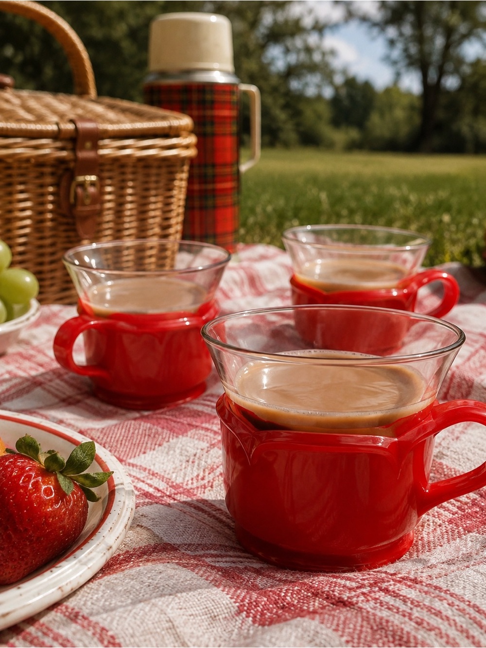 Vintage Red Plastic Holder & Glass Mug Cup Set – Set of 6 Retro Coffee Tea Cups